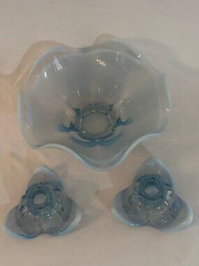Vintage Duncan Miller Canterbury Blue Opalescent Glass Bowl & Candleholders 4118